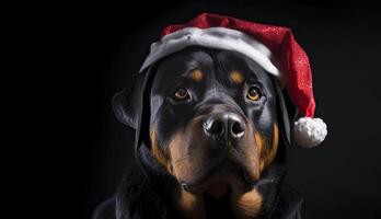 Rottweiler en Papa Noel sombrero. generativo ai. foto