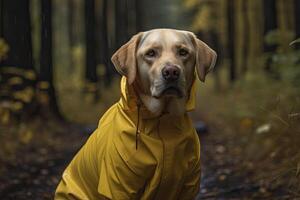 Labrador retriever in a yellow raincoat. . photo