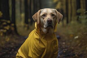 Labrador retriever in a yellow raincoat. . photo