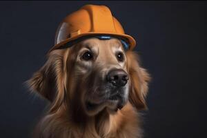 Golden retriever in a construction helmet. . photo