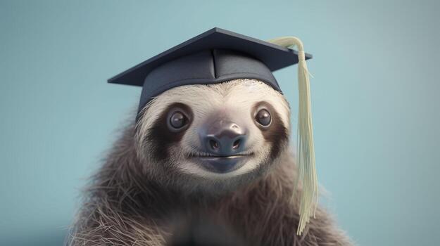 Sloth in academic cap on blue background. . photo