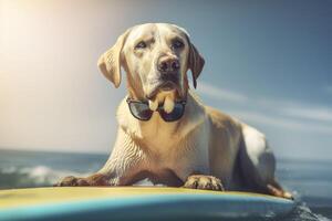 Labrador retriever is riding a surfboard. . photo