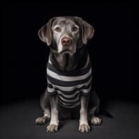 Labrador Retriever in a striped T-shirt. . photo