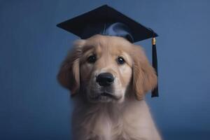 Golden retriever puppy in academic cap on blue background. . photo