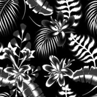 naturaleza ornamento para textil con tropical hojas y plantas follaje diseño en oscuro antecedentes. tropical floral sin costura antecedentes. vector diseño ilustración. de moda huellas dactilares textil. exótico