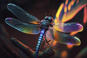 libélula en neón colores. generativo ai. foto