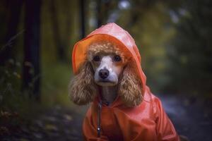 Poodle in red raincoat. . photo