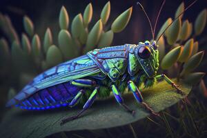 Grasshopper in neon colors. . photo