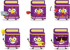 Magic book cartoon character with various types of business emoticons vector