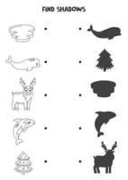 Find the correct shadows of black and white arctic animals. Logical puzzle for kids. vector