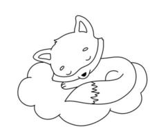 Cute dreaming fox on cloud. Cartoon hand drawn vector outline illustration for coloring book. Line baby woodland animal