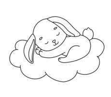 Cute dreaming bunny on cloud. Cartoon hand drawn vector outline illustration for coloring book. Line baby animal isolated on white