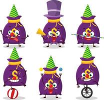 Cartoon character of magic money sack with various circus shows vector