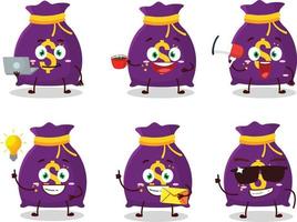 Magic money sack cartoon character with various types of business emoticons vector