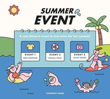 flat vector illustration. Summer event template. sea background. People are playing while swimming.