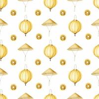 Yellow Chinese paper lanterns, traditional chinese hat, chinese ancient coins. Watercolor seamless pattern. Chinese New Year. Asian background with holiday symbols. vector
