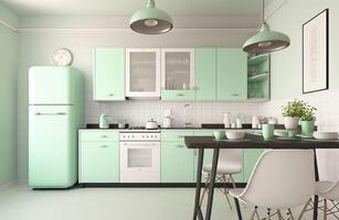 Modern kitchen design with mint colored furniture. . photo