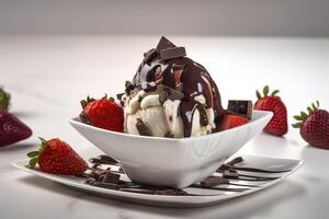Ice cream with strawberries and chocolate. . photo