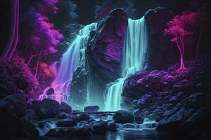 Digital art depicting a neon waterfall. Water illuminated by multicolored light. . photo