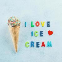 Summer greeting card. Ice cream cones with sprinkles.Tasty Dessert ice-cream, yummy delicious treat photo