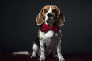 beagle en un rojo arco atar. generativo ai. foto