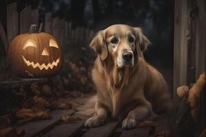 Golden retriever Halloween background. . photo