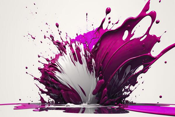 3d fluid brush strokes. Explosion of white and purple paint drips. .