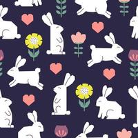 Seamless pattern with Easter rabbits, flowers and hearts. Cutout colorful elements on dark blue background. vector