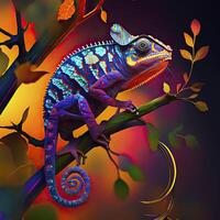 Chameleon in neon colors. Generative AI. photo