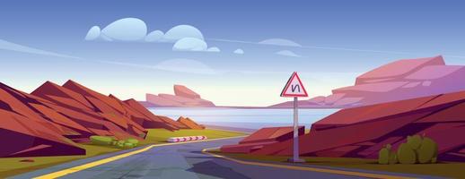 Winding highway with mountain and lake landscape vector
