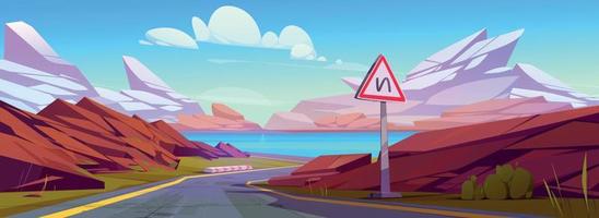 Winding highway with mountain and lake landscape vector