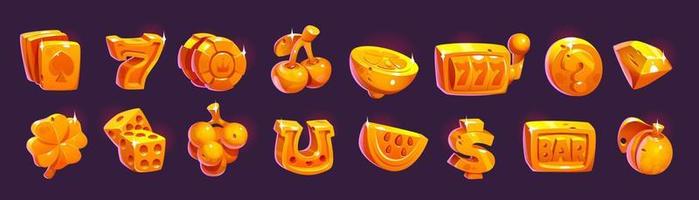 Gold poker game casino slot machine fruit icon set vector