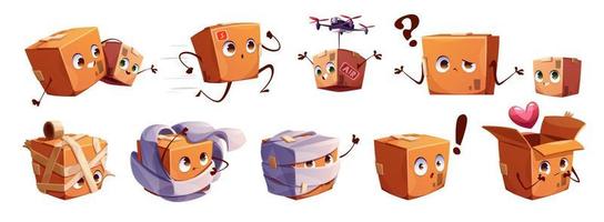 Cartoon set of cute parcel mascots on white vector