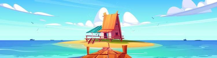 Tropical hut on beach island with pier landscape vector