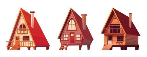 Cabins, wooden houses in forest, mountain village vector