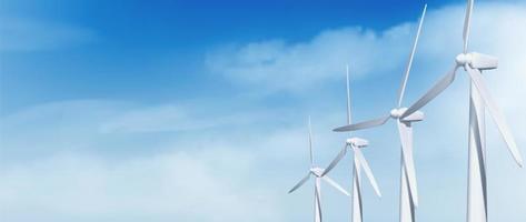 Realistic 3D wind turbines on blue sky background vector