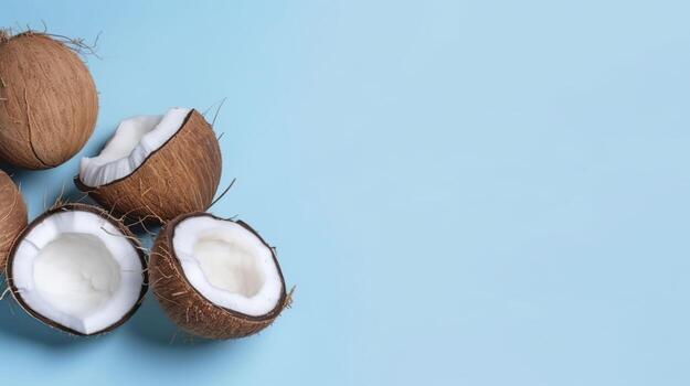 Banner with coconuts. Copy space, top view, summer background. . photo