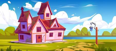 Pink rural house on forest glade near lake vector