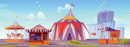 Carnival fun fair, amusement park with circus tent vector
