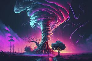 Fantasy tornado, neon colors, magic lights. . photo