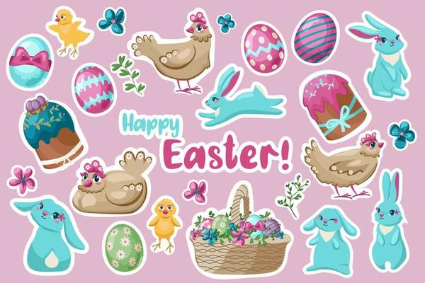 Set of stickers for the spring Easter holiday is isolated on pink. Collection of symbols with flowers, rabbits, eggs, floral elements, and flowers for decoration of cards, and posters.