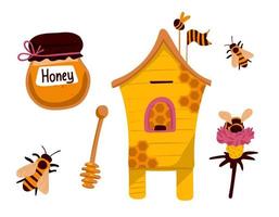 Honey collection. Beekeeping set of objects isolated on white background. Apiculture kit of design elements flat, cartoon style. Vector illustration, clip-art