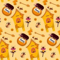 Bee honey seamless pattern Honey yellow template With a jar of honey, bees, and a hive. Cute hand drawn sweet natural honey background templates. Vector illustration.