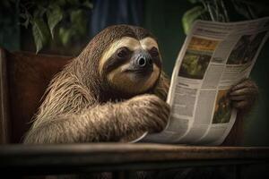 Sloth reading newspaper. . photo