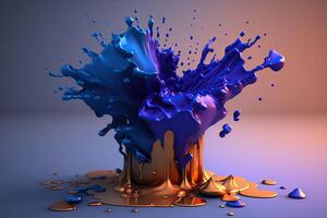 3d fluid brush strokes. Explosion of blue and golden paint drips. . photo