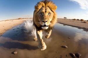 A lion running through the savannah. . photo