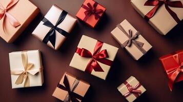 Gift boxes background. Festive background. . photo