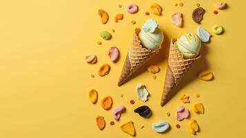 Banner with ice cream. Copy space, top view, background. . photo