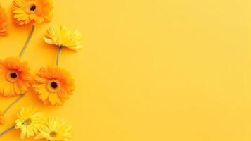 Banner with daisies. Copy space, top view, festive background. . photo