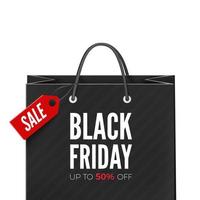 Black Friday Offer. Bag with red tag Sale and text with discount. Illustration for banner. Vector isolated